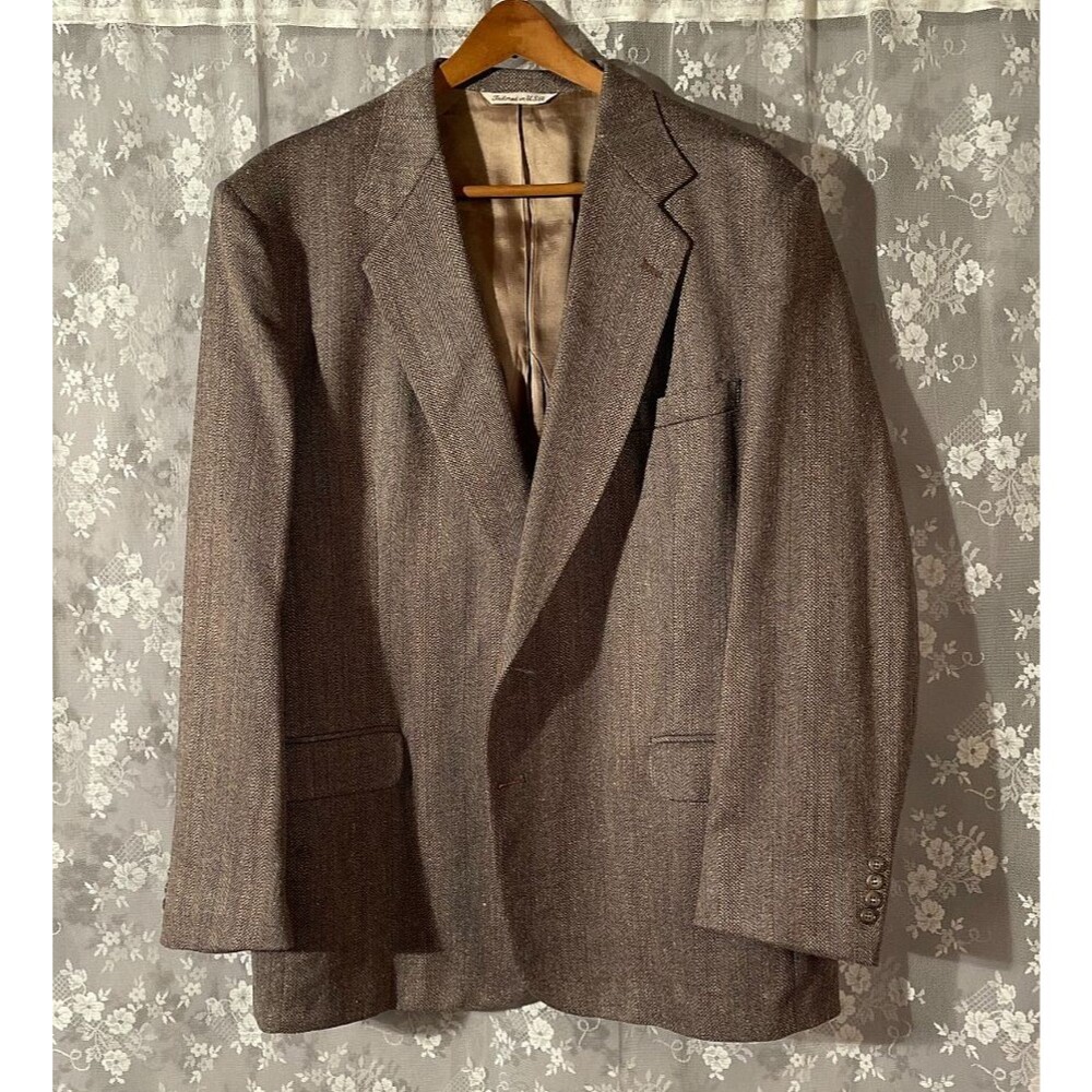 Vintage 80s Herringbone Blazer Size 50L Wool Silk Blend Sport Coat Jacket Preppy